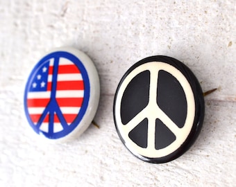 NOS 1960s TWO (2) Anti War Pins Protest Button Black Peace Sign Pin & American Flag Pin Small Pinback Button Hippie Hippy Peace Movement