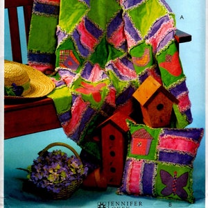 2003 McCall&#39;s M4337 Uncut PATTERN Garden Rag Quilt 60x60&quot; & Pillow 14x14&quot; Square Quilt Matching Pillow Applique Quilt Butterfly House Bird
