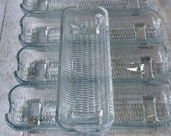 Vtg Corn on the Cob Plates Set of 8 Clear Glass Corn Boats Footed Serving Trays Corn  Roller Dish BBQ Textured Corn Kernals w Husks Brazil