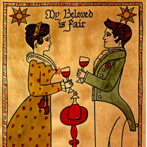 Vtg pliées vierges à l'intérieur des cartes en papier "Mon bien-aimé est juste" Lot de 10 papeterie antique Art populaire dessin grillage couple queues jupons 6x8"