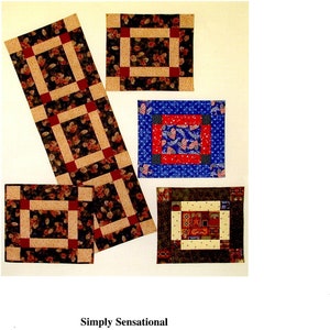 May include: Four quilted table runners in different patterns and colors. The runners are made with a patchwork of fabric squares. The text on the image reads "Simply Sensational Placemats - 16" x 18" Tablerunners - 16" x 33" or 16" x 48" Cindy Thomas Copyright ©2001 Colorado Creations Colorado Springs, Colorado e-mail: coloradocreations@hotmail.com"
