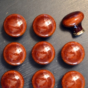 Vtg 1 x Porcelain Cabinet Knob 1 3/8&quot; Glossy Brown Brass Cap Base Brown Betty Mushroom Ceramic Drawer Pull 29 Avail Cottagecore Cottage Core