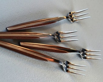 NOS 60s Set of 4 Danish Modern Tasting Sampler Forks Cocktail Oyster MCM Eldan Ebosi BROWN Japan Stainless Steel Teak Look Flatware Midmod