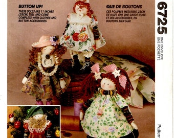 McCall's 6725 Uncut PATTERN 11" Button Dolls with Clothing & Accessories Button Arm Dolls McCall's Crafts Sewing Pattern Country Crafts New