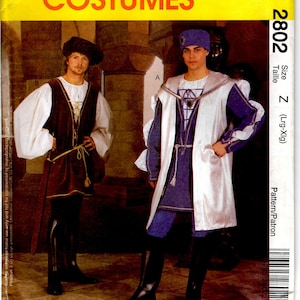 May include: A vintage sewing pattern for a medieval costume. The pattern is for sizes large to extra large and includes instructions for stretch knits. The pattern features two men wearing the costume, one in a white tunic and the other in a burgundy tunic.