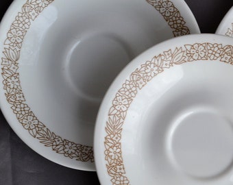 90s Set of 5 Corelle Woodland Brown Outlined Flowers on White Saucers Brown Trim Corelle Corning Livingware Plates Dishes White Glass