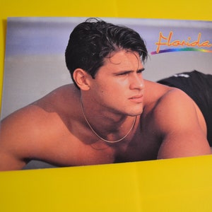Années 80 Beefcake Carte postale Homme Brunet Noir Board Shorts Collier en or Intérêt gay Scène de plage Glamour Photographie Homme mouillé Sable Floride Tourisme