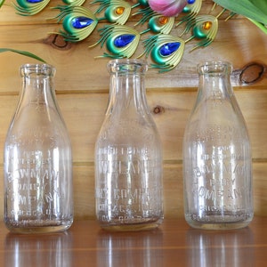 Vtg Lot of 3 Antique Milk Bottles Glass Dairy Bottles Wash & Return Reusable Dairy Container Large Flower Vase Farmhouse Shabby Cottage Chic