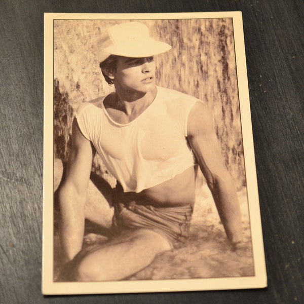 90s Bernard Mouillon Postcard "Thierry" French Gay Interest Photograph Sepia Tone Wet Man Cutoff Tee Jeans Shorts Trucker Hat Waterfall