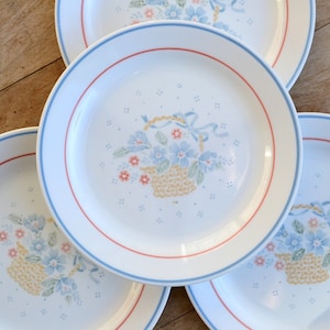 May include: Four white ceramic dinner plates with a blue and red trim. Each plate features a floral design with a basket of flowers in the center.