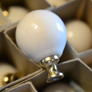 Vtg 10 Pcs NOS Full Box 1.25" Porcelain Cabinet Knobs JB White Ball Drawer Pull Bulbous Egg Shaped Small Round Brass Pedestal Base Farmhouse