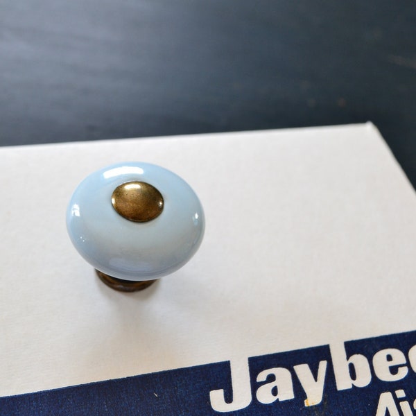 1 x NOS Vtg Pale Blue & Brass Pedestal Knob Ceramic Drawer Pull 1.25" JB Round Porcelain Pastel Baby Blue Hardware / Full Boxes Also Avail