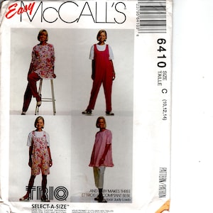 May include: A sewing pattern for a trio of outfits, featuring a red jumpsuit, a floral print jumpsuit, and a pink and white dress. The pattern is for sizes 10, 12, and 14. The pattern is from McCall's and is called "Easy Trio".