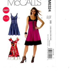May include: A sewing pattern for a sleeveless dress with a zipper down the front. The pattern is for sizes 18W-20W-22W-24W. The pattern is called McCall's M6324.