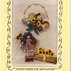 80s 90s Uncut Vtg PATTERN Doll & Wood Raffia Wall Hanging Pattern Wooden Wall Hanging Prim Primitive Wood n Yarn Bloom Where You&#39;re Planted