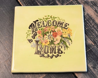 1979 Currier & Ives Art Tile Welcome to Our Home Light Green Ceramic Tile 6" Trivet Wall Hanging Spoon Rest Leaning Art Pastel Mint Lime