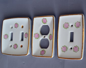 NOS 1 x Midcentury Towne Porcelain Wall Cover Light Switch Plate Concave White Gold Gilt Trim Pink Roses Double Single Gang Electrical Yale