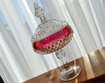 Vtg Indiana Glass Diamond Point Ruby Candy Dish 11.75" Pressed Glass Pedestal Compote Tall Lidded Trinket Dish Crystal Bowl Red Band Trim