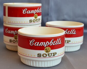 Old Set of 4 Campbell's Soup Cups Stackable Small Ceramic Bowls Original Red & Gold No Handle Advertising Collectible Chippy Herb Garden