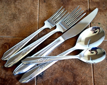 CHOICE Imperial Misty Rose Flatware Asymmetrical Floral Flower Embossed Handles Stainless Midcentury Silverware Square Forks Oval Spoons