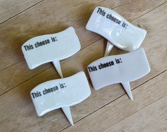 Vtg Set of 4 Cheese Markers This Cheese Is Write On Picks Porcelain Stickers For Charcuterie Board Cheese Names Knobler White Black Ceramic