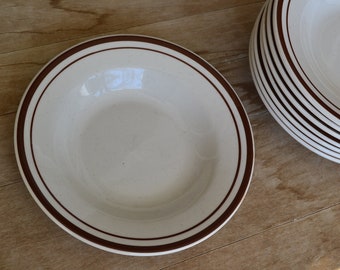 NOS Vtg Farmhouse Bowls Set of 4 Restaurantware Rimmed Soup Ultima China Desert Sand Speckleware Speckled Beige Ceramic Brown Trim Stoneware