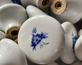 Vtg 1 x Porcelain Cabinet Knob Large 1.5" Cobalt Flower Trim White Blue Mushroom Round Farmhouse Shabby Cottage Ceramic Drawer Pull 57 Avail