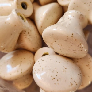 Peut inclure: Un ensemble de boutons de cabinet en céramique blanc cassé avec une finition mouchetée. Les boutons ont une forme arrondie et un petit trou au centre pour le montage.