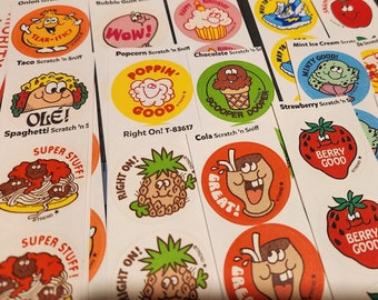 10 Strips Retro Trend Matte Scratch n Sniff Stickers Scented Stinky Scratch and Sniff 80s Style Vintage Repro 24 Styles Avail / 40 Stickers