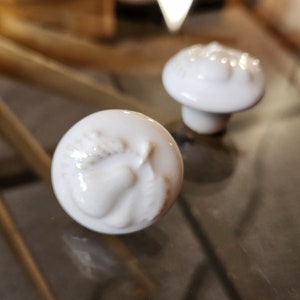 Peut inclure: Deux boutons de tiroir en céramique blanche avec des motifs de fruits en relief. Les boutons sont ronds et ont une finition lisse et brillante.