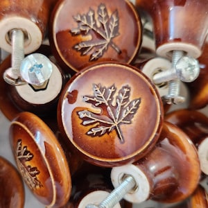 Vtg 1 x Maple Leaf Knob 1.5&quot; Porcelain Cabinet Knob Large Glossy Brown Mushroom Cap Ceramic Drawer Pull 30 Avail Cottagecore Cottage Core