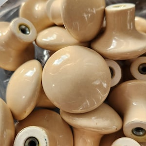 May include: A collection of smooth, cream-colored ceramic cabinet knobs with a rounded top and a flared base. Each knob features a central metal threaded insert on the underside for mounting, presented in a clear plastic bag.