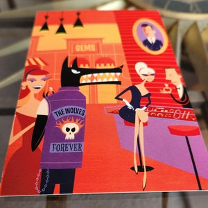 May include: A vibrant illustration shows a bar scene with cartoon figures. A wolf-like character in a purple vest with "The Wolves Forever" stands near a woman in a red dress. A woman in a black dress sits at the bar. The word "GEMS" is visible.