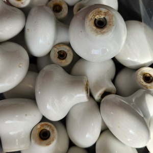 1 x Vtg Cabinet Knob 1.5&quot; Porcelain Drawer Pull White Ceramic Tapered Stem Pull Small Ceramic Doorknob Round Farmhouse 40 Avail JAPAN