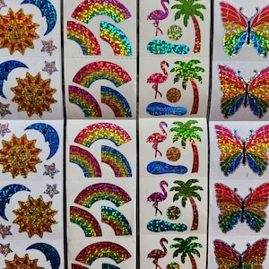 Hambly 4 Mods Glitter Stickers Large 2x2" Rainbow Moon & Sun Pink Flamingo Butterfly Prism Vending Machine From the Roll More Styles Avail