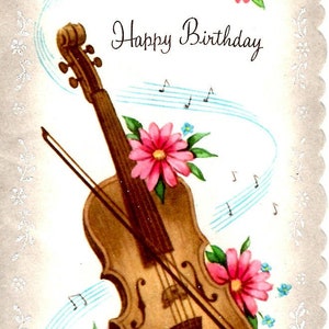Vtg Glitter Birthday Card Money Card Cash Holder Gift Wallet Quarter Fold Parchment Paper Violin Music Pink Daisies Die Cut NO Envelope