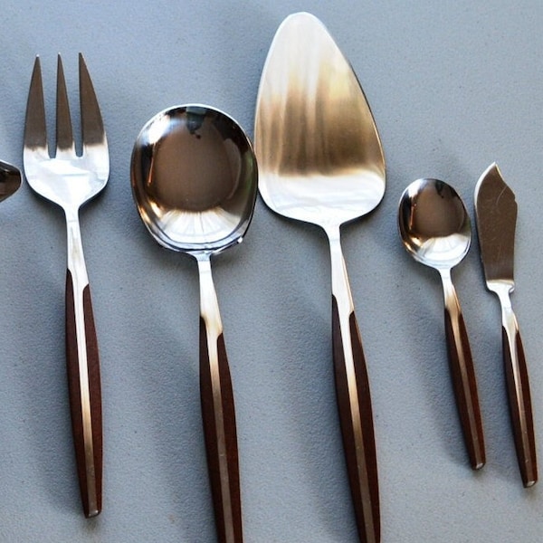 Vtg 1 Piece Danish Modern Hostess Serving MCM Eldan ELD2 BROWN Japan Stainless Steel Teak Look Flatware Midcentury Modern Sold Individually