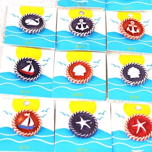 NOS One 1970s Nautical Pin Your Choice Anchor Sea Shell Sailboat Starfish Ship&#39;s Wheel Whale Blue Red Plastic Brooch Sailing Yachting 70s