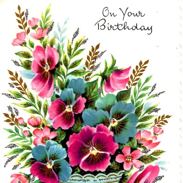 Vtg Gilt Birthday Card Pink & Blue Flowers in Vase Litho Raised Gold Ink Die Cut NO Envelope Amalgamated Lithographers 2 Avail Lithograph