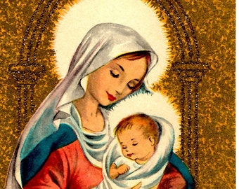 Vtg Christmas Card Barker Cards Cincinnati Bifold Cardstock Mary Madonna with Baby Jesus Glitter Gilt Gold Ink NO Envelope Unused Beautiful