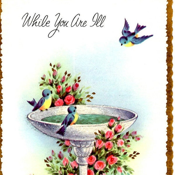 Vtg Glitter Get Well Soon Card Bluebirds Bird Bath Roses Flowers Raised Gold Ink Die Cut NO Envelope Amalgamated Lithographers Lithograph