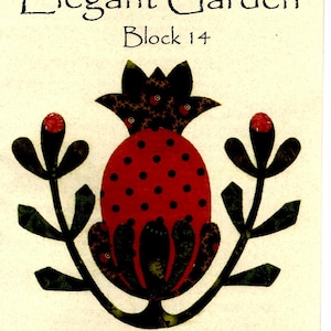May include: Elegant Garden Block 14 quilt pattern featuring a red and black stylized flower with green leaves. © 2007 Laundry Basket Quilts Star Family Traditions LLC