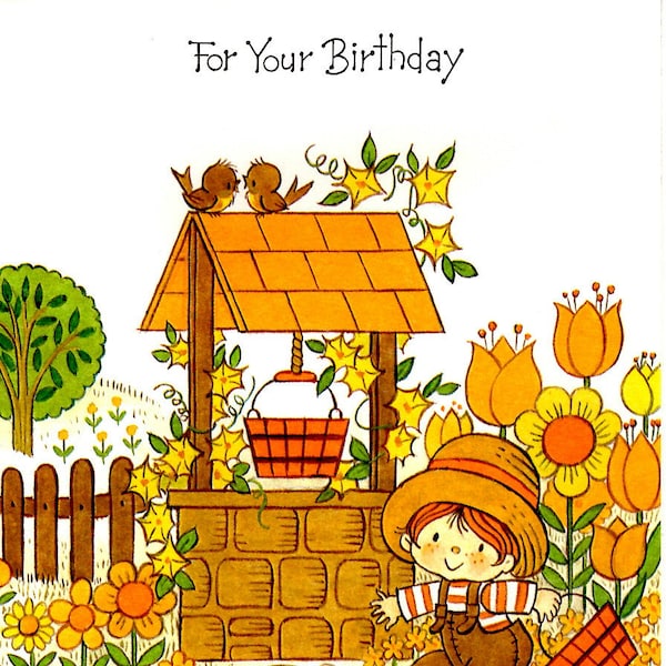 Fabulous 70s Birthday Card Big Straw Hat Boy Fetching Water Quarter Fold Paper Brown Overalls Coveralls Yellow Daisies Flowers NO Envelope