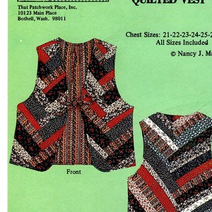 May include: A sewing pattern for a child's quilted vest. The pattern includes instructions for making a vest with a variety of fabric strips. The pattern is for sizes 21-22-23-24-25-26-27 inches chest. The pattern is titled "P1009 Child's Strip Quilted Vest" and is by Nancy J. Martin.