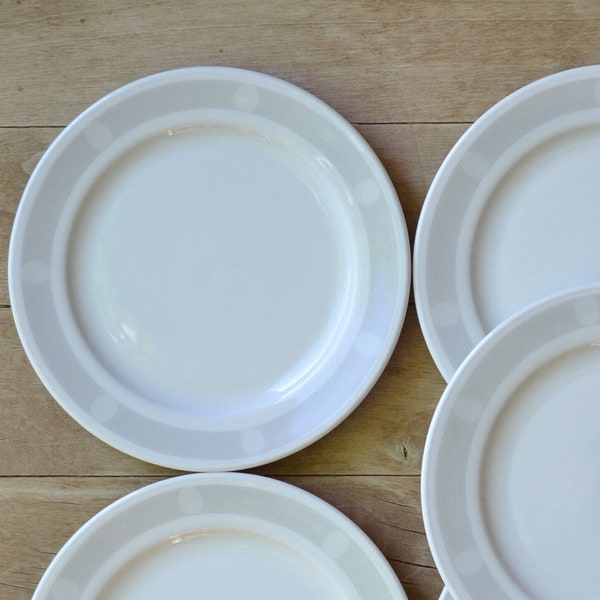 90s Set of 7 Bread & Butter Plates Bauscher Weiden Porcelain Memphis Style Geometric White Gray Lines Bands 5 7/8" Thumbprint Mod Polka Dot