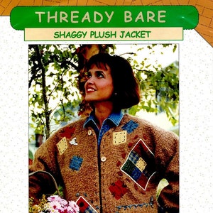 May include: A sewing pattern for a brown shaggy plush jacket with a patchwork design. The pattern is called "Thready Bare" and is from "The Threadbare Pattern Company".