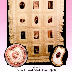 May include: A quilting pattern for a 70 by 85 inch photo quilt with a heart-shaped pillow and a stocking. The pattern includes 12 photo squares and the text "Shirred Remembrance".