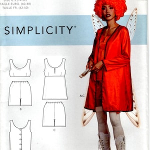 May include: A sewing pattern for a costume with a red jacket, a white top, and a white skirt. The pattern is for sizes US 14-22. The pattern is from Simplicity.