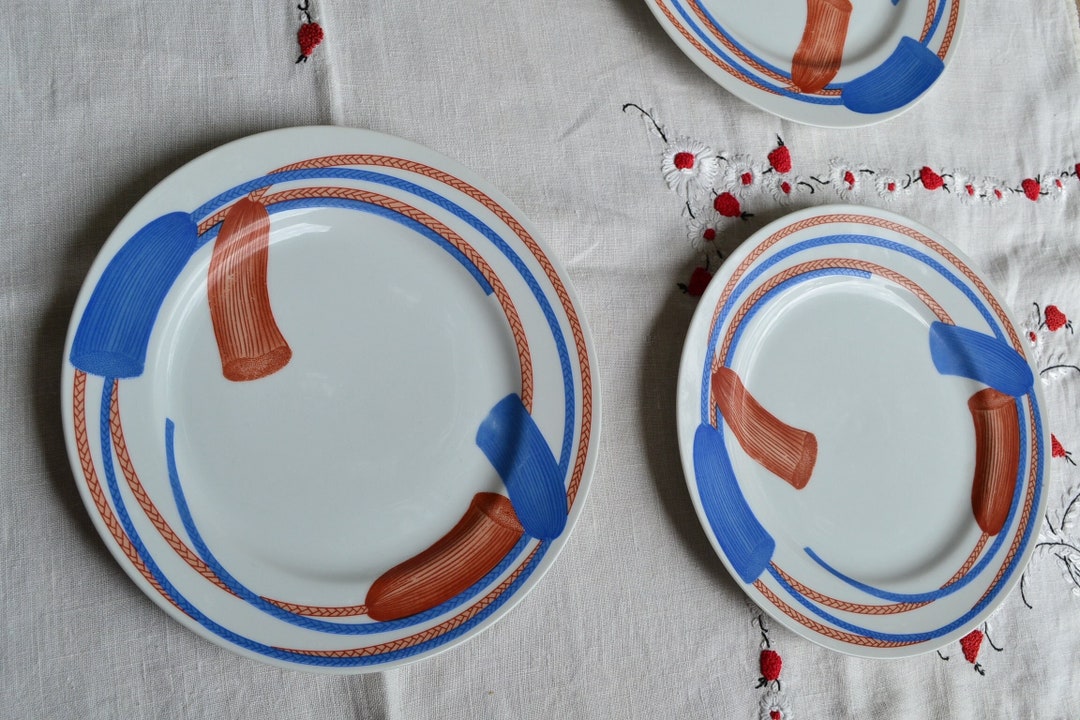 70s Set of 3 Dinner Plates Fitz & Floyd Meiji Tassel White