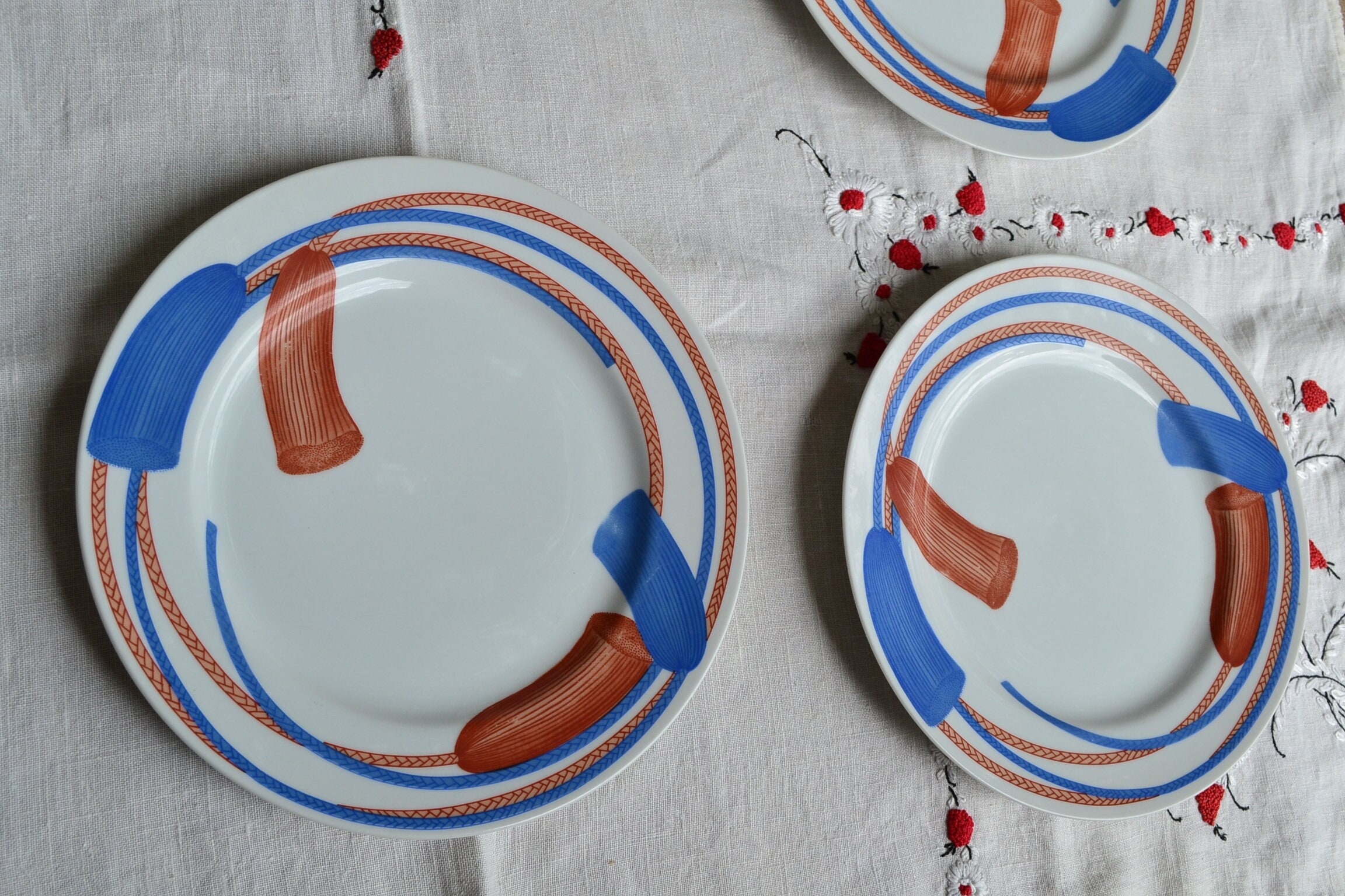 70s Set of 3 Dinner Plates Fitz & Floyd Meiji Tassel White